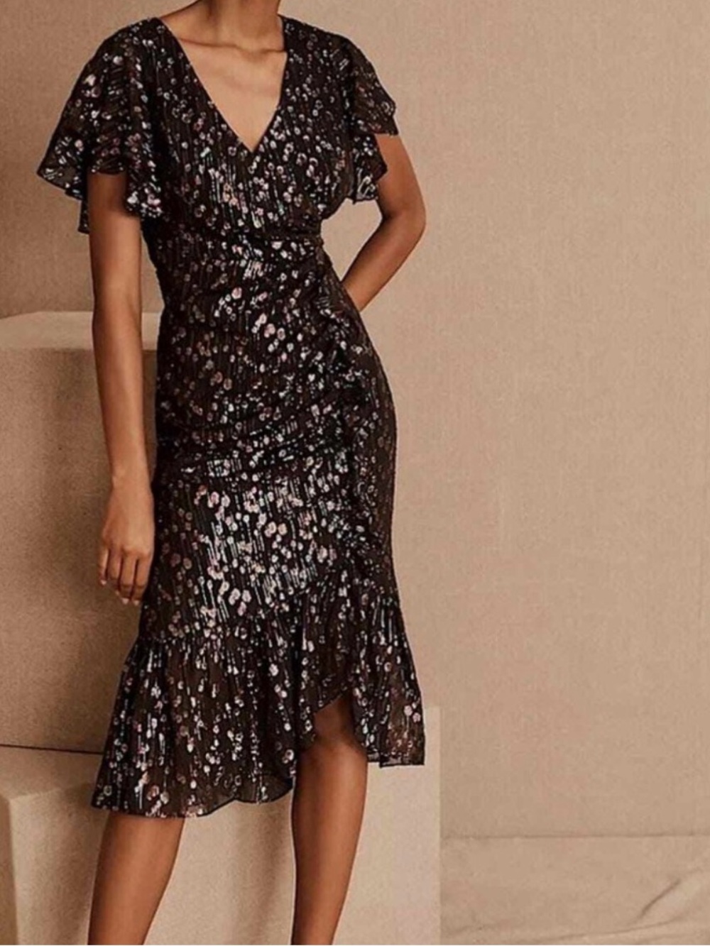 Mestiza Anthropologie Valora Ruffle Midi Dress Black Metallic Rainbow Size 12